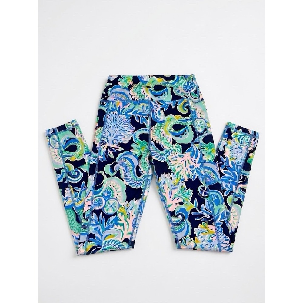 Lilly Pulitzer Luxletic High Rise Cropped Leggings Pocket S Floral Blue Coral
